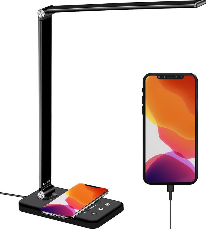 LUSQ® Bureaulamp - LED - USB en Draadloos Opladen - Timer - Dimbaar - Wit en Warm Licht - Zwart
