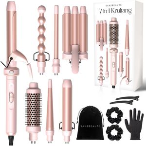 Sansbeauté® 7 in 1 Krultang met Klem en Wafeltang - Keramische Haarkruller - 13mm tot 38mm - Wafeltang - Föhnborstel Kort Haar - Warmteborstel - Krultangen - Thermal Brush - Haarstyler - Krulborstel 5 in 1