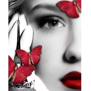 Diamond painting de luxe 40x50cm - Vrouw met zwart rood vlinders