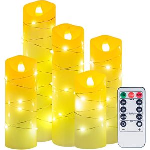 5 STKS Batterij Aangedreven Vlamloze Kaarsen met Ingebedde Lichtslingers - met 10-Key Afstandsbediening - 24-Uur Timer Functie - Dancing Flame - Real Wax (Batterijen niet inbegrepen)