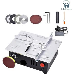 LifeStages - Tafelzaagmachine - Mini-tafelcirkelzaag met Bandschuurmachine - 7 Versnellingen - Instelbare Tafelzaag - Draagbare Precisietafelzaag met 4 Messen en Veiligheidsklep - 0,1-15 mm Zaagblad - In Hoogte Verstelbaar - Aluminium