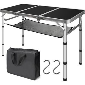 Draagbare campingtafel, inklapbaar, 90 x 40 cm, voor buiten, zwart, hoogte verstelbaar van 26-81 cm, met net, transporttas van MDF aluminium, 4 personen