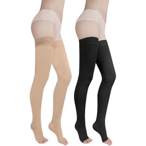 Medilon Medische Stay-up Lieskousen Met Siliconenband – Maat M – Drukklasse 2 – 23/32 mmHg – Open Teen – Naadloos – Beige – Compressiekousen – Steunkousen – Oedeem – Spataderen – Per Paar