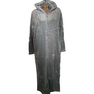 Dames Fleece Badjas extra lang 140CM met Ritssluiting en capuchon XL grijs