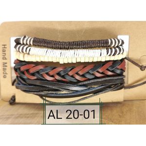 Leren Armband set  met trekkoord /elastiek leer/hout bruin/zwart 4-delig.