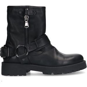 Sacha - Dames - Zwarte leren biker boots met zilverkleurige buckle - Maat 37