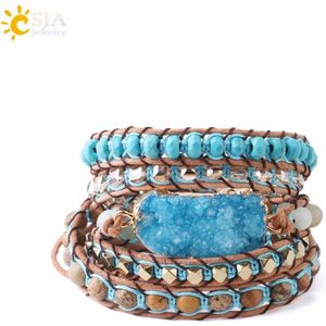 Marama - wikkelarmband Sky Blue - leer - edelsteen Druzy Agaat - 72 cm - verstelbaar