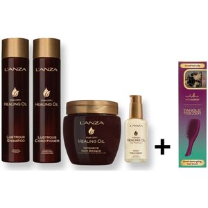 L'ANZA Keratin Healing Oil Lustrous Care Set - 300+250+210+50ml + Tangle Teezer Hair Brush