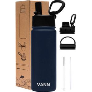 VANN® 3-Wandige Waterfles 500 ML met rietje voor volwassenen – Met 5 accessoires + 25 recepten – RVS bidon – 24 uur koud/12 uur warm – Blauw