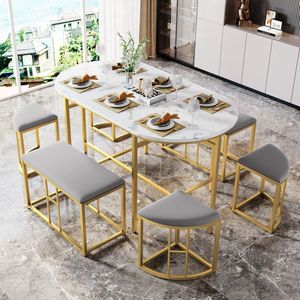 Set van tafel en stoelen-eettafel met 4 kleine krukjes en 2 grote krukjes-keuken eettafel set gemaakt van stalen frame-Modern wit en Gouden 140*70*76cm-laadvermogen 120 kg