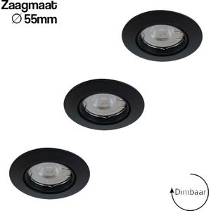 Inbouwspots extra klein - 3-pack - Kantelbaar - Zwart + Lybardo GU10 LED - 3.6W- Dimbaar - 2700K warm wit - Zaagmaat 55 mm