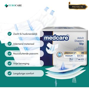 30 Stuks – Medcare Incontinentie Luiers Premium+ – Maat M – 1700+ ml absorptie – Wegwerpluiers voor matige tot zware incontinentie – Comfortabel & huidvriendelijk – Dag & nacht bescherming