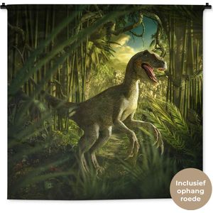 Wandkleed Dinosaurus illustratie - Een illustratie van een Velociraptor in een weelderig groen oerwoud Wandkleed katoen 150x150 cm - Wandtapijt met foto