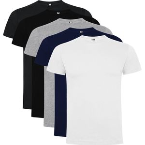 5 Pack Roly Dogo Premium Heren T-Shirt 100% katoen Ronde hals Zwart, Donker Blauw, Donker Grijs / Lichtgrijs gemeleerd,Wit Maat S