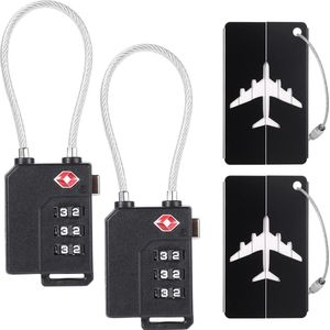 2 stuks TSA-combinatieslot, TSA-combinatieslot 3-cijferig met 2 stuks kofferlabels, hangslot met combinatiecode voor reisbagage, koffer, tas, kluisje (zwart)