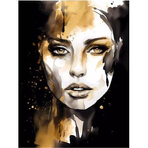 Portret Van Een Vrouw Zwart En Goud In Een Houten Lijst 30X40 Cm Voor Muur