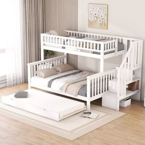 Sweiko Stapelbed 90 x 200cm&140 x 200cm, met Opslagrek, met opklapbed en trap, Wit