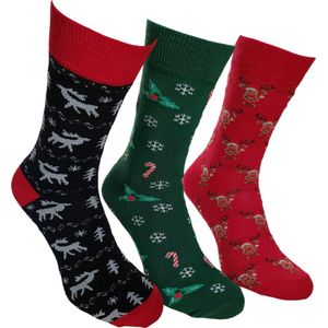 WeirdoSox - Vrolijke kerstsokken - 3 paar - Dames en Heren - Rood/Rendier - Marine/Sneeuwman - Groen/ Zuurstok - Maat 39-44