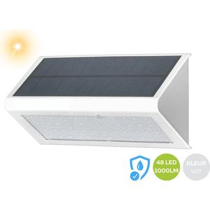 Solar Buitenlamp (Wit licht 4000k) - Kleur wit ABS - UV bestendig - 48 Leds - Zonnepaneel - Led verlichting - Verstraler Buitenlamp - Bewegingssensor - Volledig op Zonne-energie - 2023 model