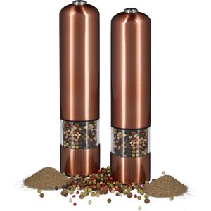 Relaxdays 2 x elektrische pepermolen brons in set - automatische kruidenmolen - batterijen