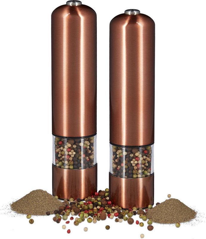 Relaxdays 2 x elektrische pepermolen brons in set - automatische kruidenmolen - batterijen