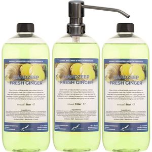 Handzeep Fresh Ginger 1 liter - set van 3 stuks - met gratis RVS zilverkleurige pomp - Voordeelverpakking