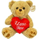 Valentijn I Love You knuffel beertje - zachte pluche - rood hartje - cadeau - 26 cm - lichtbruin - Valentijn cadeautje voor hem/haar