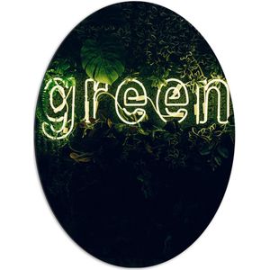 Dibond Ovaal - ''GREEN'' Neon Letters tussen Struiken - 72x96 cm Foto op Ovaal (Met Ophangsysteem)