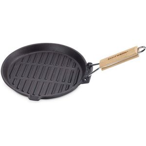 Grillpan van gietijzer met grillstrip met houten handvat, zwart Vertaling: Gietijzeren grillpan met grillstrepen en houten handvat, zwart.