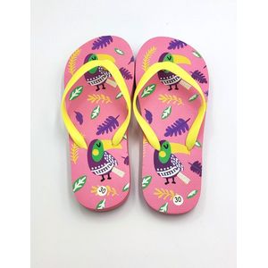 Slippers voor meisjes - Roze, blauw, geel, groen met toekan vogel fantasie - ideale bad / strand teenslippers - maat 35