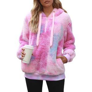 Oversized Sherpa Pullover Hoodie met Zakken in Tie Dye Patroon - Fuzzy Fleece Trui voor Dames