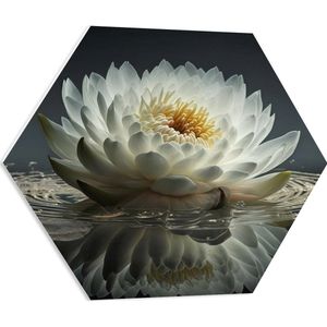 PVC Schuimplaat Hexagon - Witte Waterlelie Drijvend op Water met Veel Bladeren en Donkere Achtergrond - Bloemen - 60x52.2 cm Foto op Hexagon (Met Ophangsysteem)
