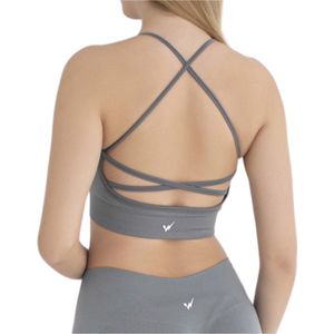 Sportbeha met spaghettibandjes en gekruiste rug –Uitneembare pads - Sporttop - Sportkleding - Grijs - Maat XS/S