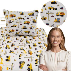 Kinderbedlinnen 120x160cm - Bouwmachines Geel - 100% katoen