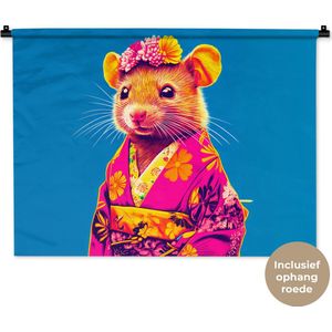 Wandkleed 90x67.5 cm - Wanddoek Muis - Kimono - Bloemen - Blauw - Wandtapijt - Wandkleden