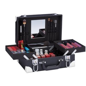 Make-up Koffer - Zwart - Kunststof/Polyester/Glas - 3 Grote Binnenvakken