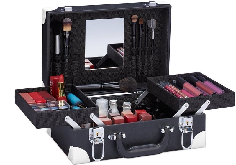 make-up koffer - met spiegel - slot - 12,5 x 31 x 23 cm - zonder inhoud - zwart-wit