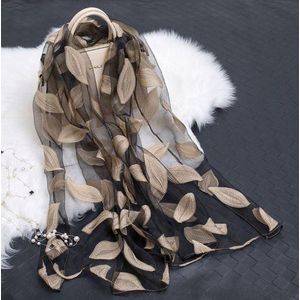 Premium Organza Sjaal - Lente Zomer Chiffon Sjaal - Beige Zwart - Shawl - dames - omslagdoek Strand bladeren Jacquard