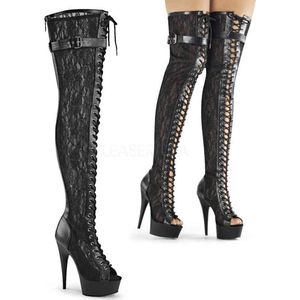 EU 38 = US 8 | DELIGHT-3025ML | 6 Heel, 1 3/4 PF Peep Toe Lace-up Thigh Boot, Back Zip