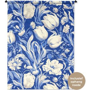 Wandkleed 120x160 cm - Wanddoek Bloemen - Delfts Blauw - Patroon - Tulp - Wandtapijt - Wandkleden