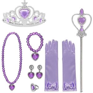 Het Betere Merk - Prinsessen paars/lila accessoireset 6-delig - handschoenen, kroon, staf, oorbellen, ketting, ring