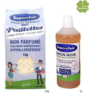 Zwarte huishoudzeep 1L, Naturel zeepvlokken 1kg | merk Superclair | Biologisch ecologisch