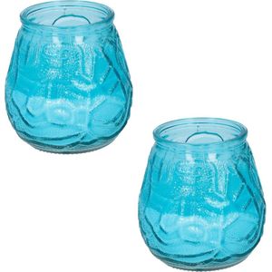 Set van 2x stuks Citronella lowboy tuin kaarsen in blauw glas 10 cm - Anti muggen/insecten artikelen