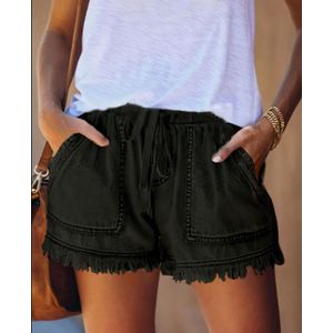 Korte broek dames – Korte jeans – Spijkerstof - Franjes – Hippe short – Elastieke band – Groen - Blauw - Small maar valt groot (Medium)