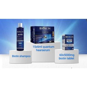 Bioxcin Biotine Anti haaruitval set 1 x 15 keer 6 ml quantum haarserum 1 x 5000 mg 60 Tabletten - 1 x Biotine Shampoo 300 ml - biotin for hair - Anti-haaruival - Haarbehandeling - Herbal - Bio shampoo