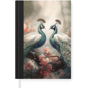 Notitieboek - Schrijfboek - Pauwen - Pauwenveren - Vogels - Bloemen - Natuur - Notitieboekje klein - A5 formaat - Schrijfblok