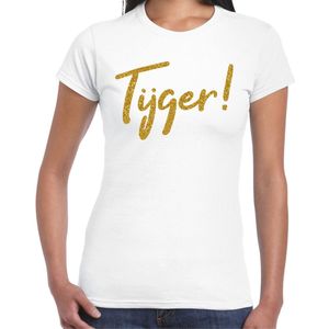 Bellatio Decorations Verkleed T-shirt dames - Tijger! - wit - glitter goud - themafeest fout/goud/stout XXL