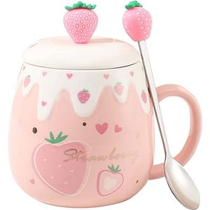 Schattige aardbeienmok Roze koffiekopje Keramische schattige kop voor ochtendthee Melkfruitbeker met mooie deksel en lepel Creatieve noviteit voor verjaardag en kerst voor geliefden Meisjes 500 ml