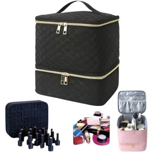 Twenty Two™ opbergtas dubbellaags voor 30 flesjes nagellak|lippenstiften|make-up producten | nagellak accessoires tas | groot inhoud | 2 lagen met ritssluiting | beautycase | organizer | luxe manicure tas | reistas voor nagelstyliste | zwart/goud