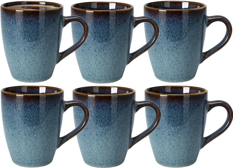 Excellent Houseware - Koffiemokken Pompei - Blauw - 6x Stuks - Keramiek - 350 ml - 9 x 11 cm